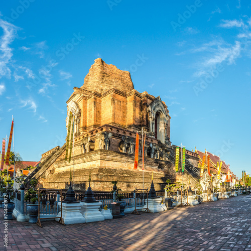 View at the ruins of Wat Chedi Luang in the streets of Chiang Mai in Thailand