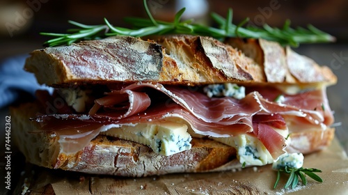 Sandwich with prosciutto, blue cheese and rosemary