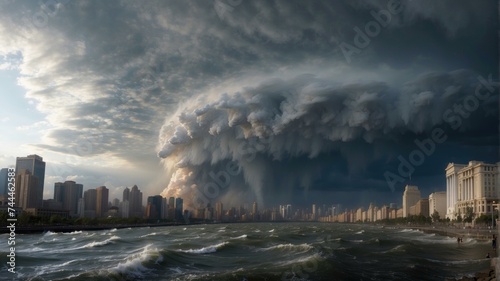 A large storm cloud is seen over a city. Generative AI.