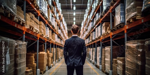A man in a suit is standing in a warehouse. Generative AI. photo
