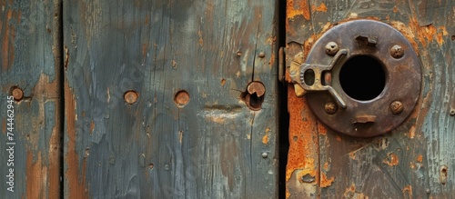 A close-up shot of a weathered metal lock on a wooden door, showcasing the rustic texture and artistry in the worn-out circle design