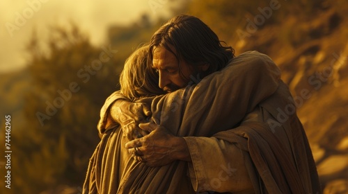 A divine moment: Jesus blesses a believer kneeling before Him, radiating compassion and spiritual grace in a profound encounter.