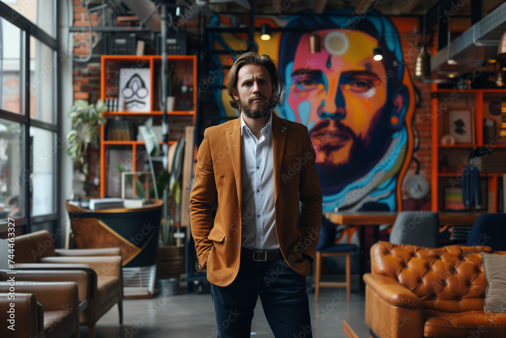 Obraz premium Sophisticated Entrepreneur in Creative Workspace. Confident man in a mustard blazer in a vibrant co-working space.