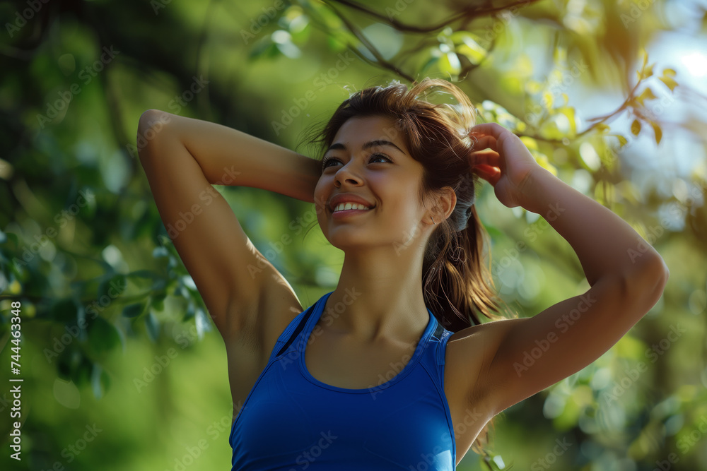 Happy Woman Enjoying Outdoor Morning Workout. A smiling woman in a blue tank top enjoys a refreshing morning warm-up routine in a sunlit, leafy park. Happy Woman Enjoying Outdoor Morning Workout. A smiling woman in a blue tank top enjoys a refreshing morning warm-up routine in a sunlit, leafy park.