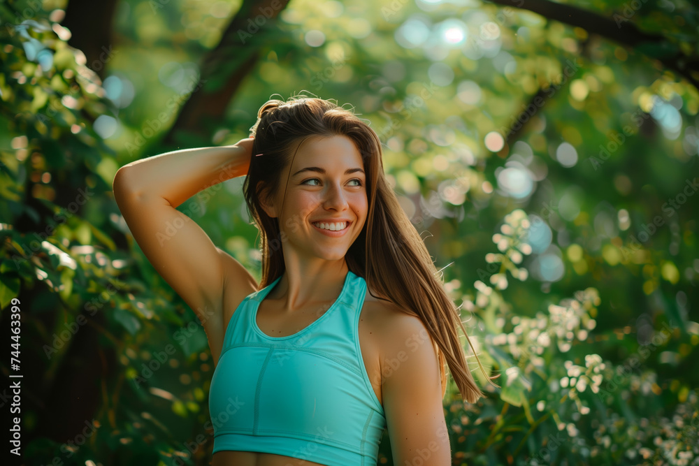 Serene Fitness Enthusiast in Nature. Woman with long hair in turquoise sportswear, enjoying a serene moment in a lush setting. Serene Fitness Enthusiast in Nature. Woman with long hair in turquoise sportswear, enjoying a serene moment in a lush setting.