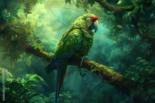 A wild and rare green parrot, its iridescent plumage shimmering as it sits majestically on a sturdy tree branch amidst lush foliage, a symbol of untamed beauty in the heart of nature. © alishba Lishay
