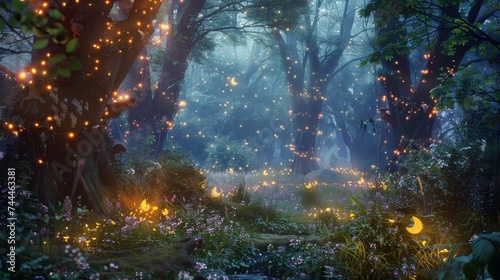 Twilight descends on an enchanted forest aglow with magical lights, fireflies, and mystical flora. © doraclub