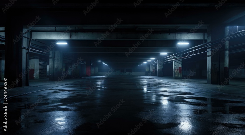 An empty, dark, empty parking garage with lights on. Generative AI. An empty, dark, empty parking garage with lights on. Generative AI.