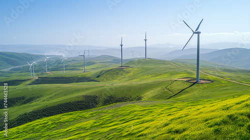 A wind turbine farm against a backdrop of rolling hills, illustrating the renewable energy solutions engineered by environmental engineers.
