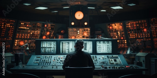 A man sitting at a control panel in a dark room. Generative AI.