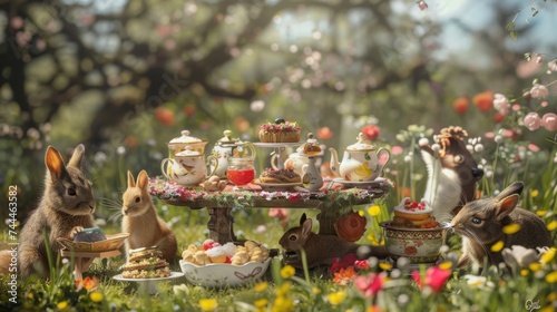 In a delightful spring garden, a group of rabbits enjoys a whimsical tea party with an array of pastries, surrounded by blooming flowers and soft sunlight. photo