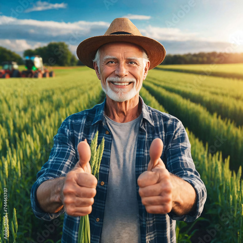 Smiling senior farmer celebrates bountiful harvest in a vibrant green landscape.