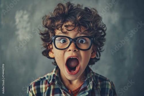Niño sorprendido con gafas y cabello rizado photo