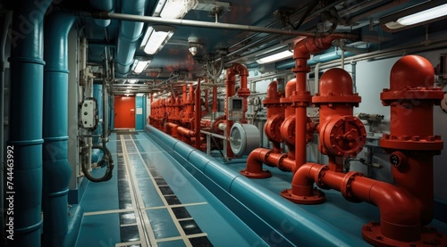 A large room with red pipes and valves. Generative AI.