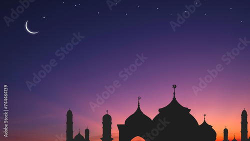 Silhouette Mosque Domes and Crescent Moon with Stars on night sky background in Iftar period during Ramadan Holy month , Copy space for text Eid al-Adha, Eid al-fitr, Mubarak, illustration