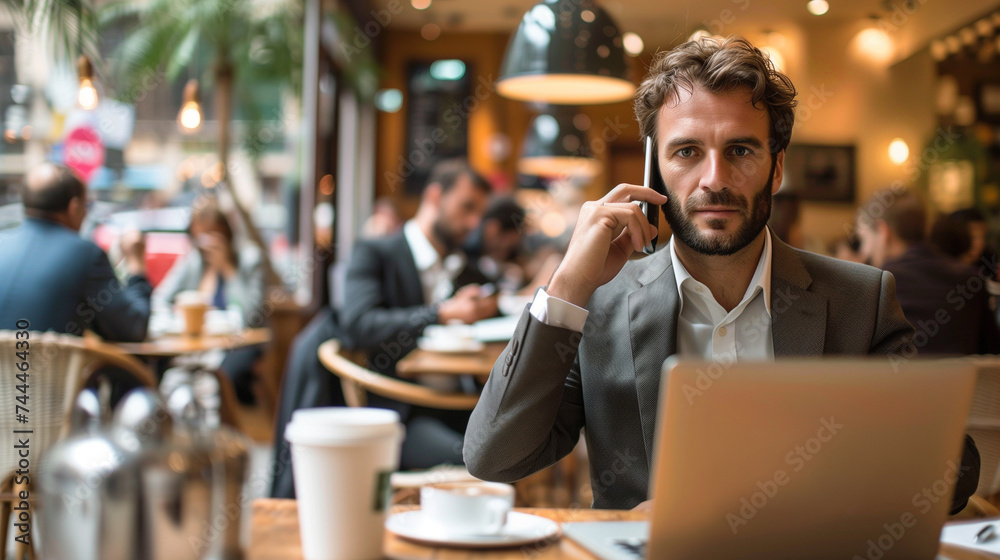 Phone Call : A man in a suit sits in a cafe, working on his laptop and using a cell phone. amidst a bustling atmosphere, surrounded by technology and people,