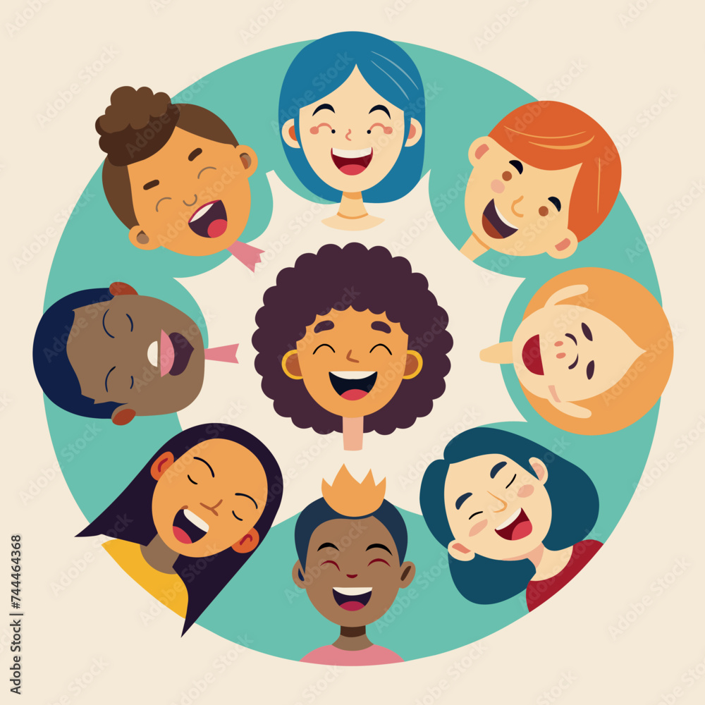 Circle of laughter with diverse faces, promoting joy and emotional well-being. vektor illustation Circle of laughter with diverse faces, promoting joy and emotional well-being. vektor illustation