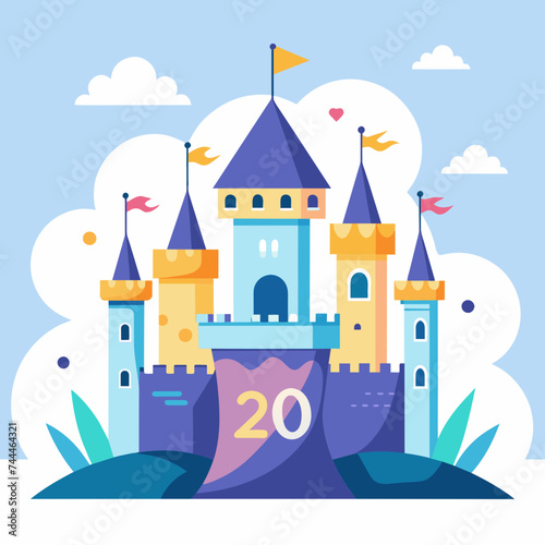Whimsical illustration of a fantasy kingdom with "20% Off" banners on castle walls. vektor illustation