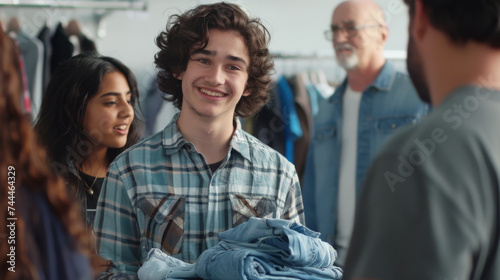 cheerful young man is engaging with others in what appears to be a community clothing donation event.