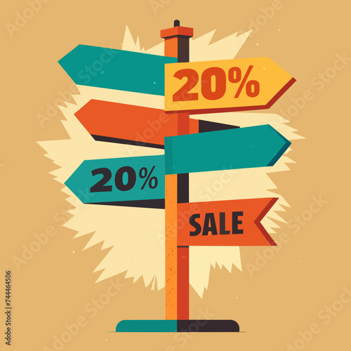 Retro-style signpost with directional arrows and "Sale -20%" written on it. vektor illustation