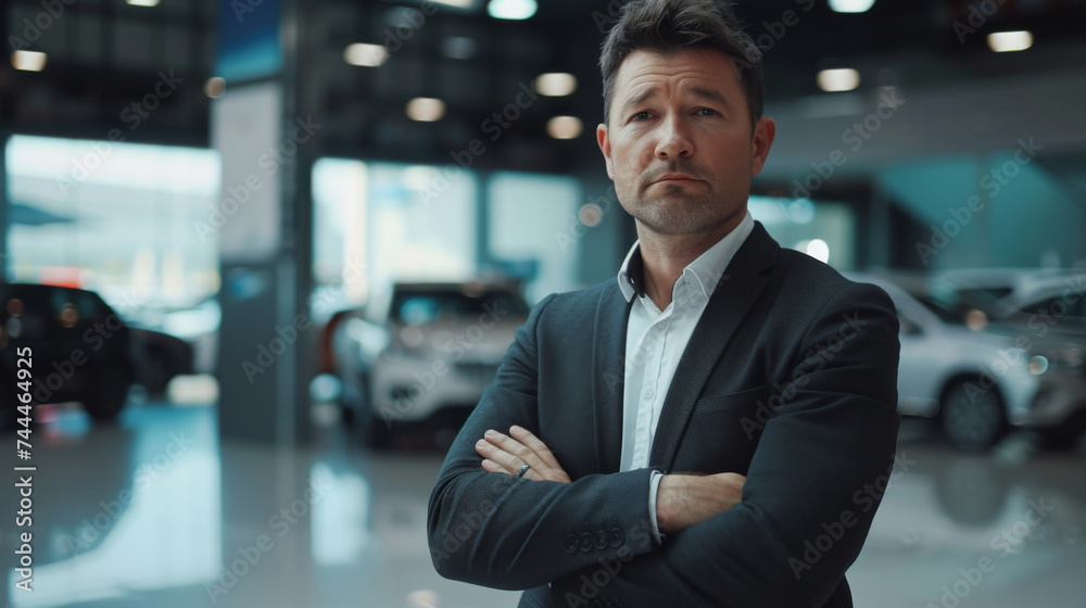 Car dealer standing in showroom with arms crossed,