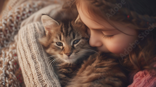 A young girl cuddling a fluffy kitten, her heart overflowing with love and affection as she strokes its soft fur with gentle care.