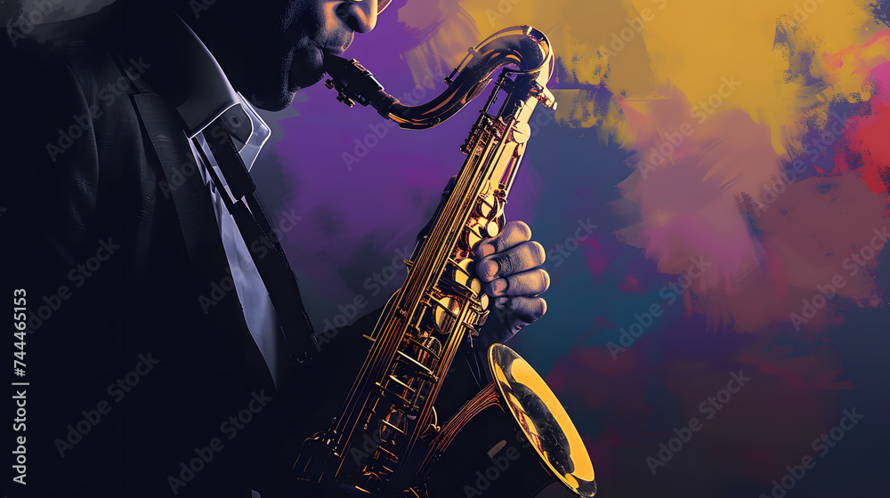 Obraz premium Saxophone player Saxophonist playing jazz music instrument