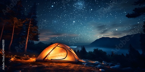 Stunning night view starry sky and milky way stretch above glowing tent. Concept Night Photography, Starry Sky, Milky Way, Glowing Tent, Outdoor Adventure