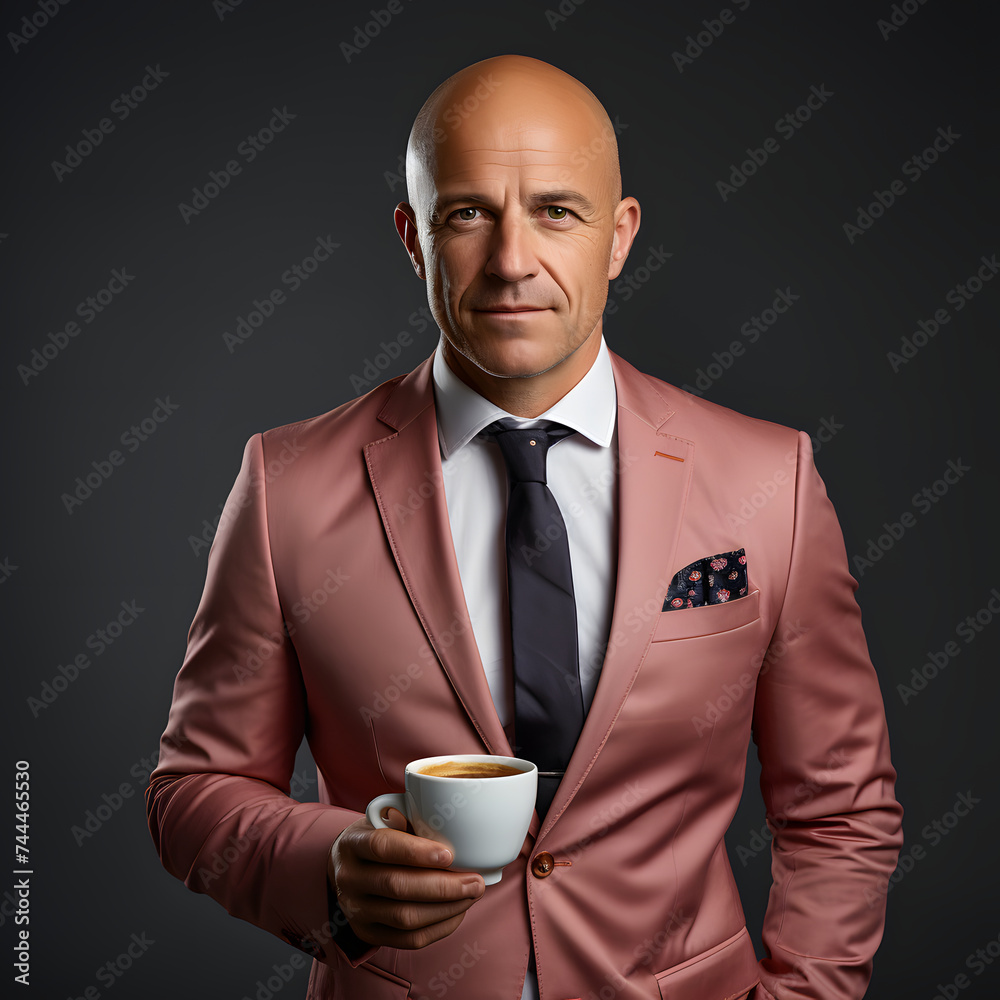 Bald Businessman in Pink Suit, Holding a Cup of Coffee Bald Businessman in Pink Suit, Holding a Cup of Coffee