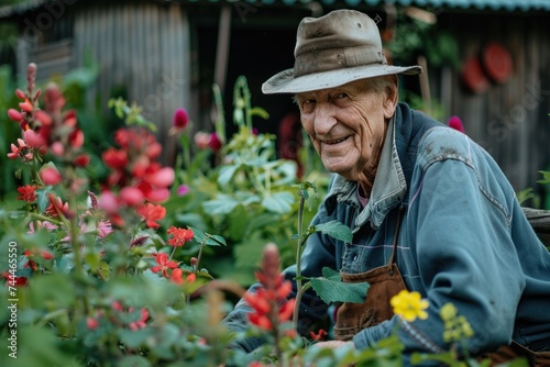 an old man in a hat sitting in a garden © Kevin