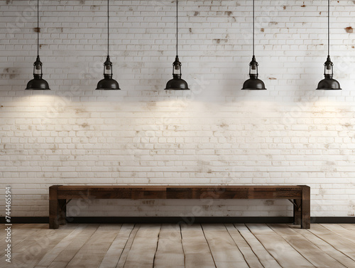 Wall made of bricks. Brick white wall with four cylindrical lamps, four lights over a white brick wall above a wooden floor, in the style of white, rustic scenes, white brick wall, Generative Ai