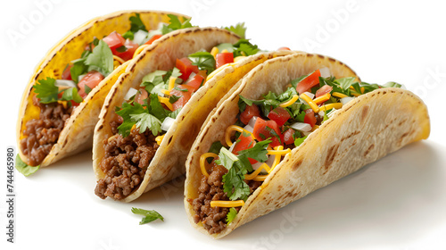 Mexican tacos with beef, tomatoes, avocado, chilli and onions isolated on white background, Traditional Mexican tacos with meat, Three Spicy Chicken Street Tacos on a White Background, Generative Ai