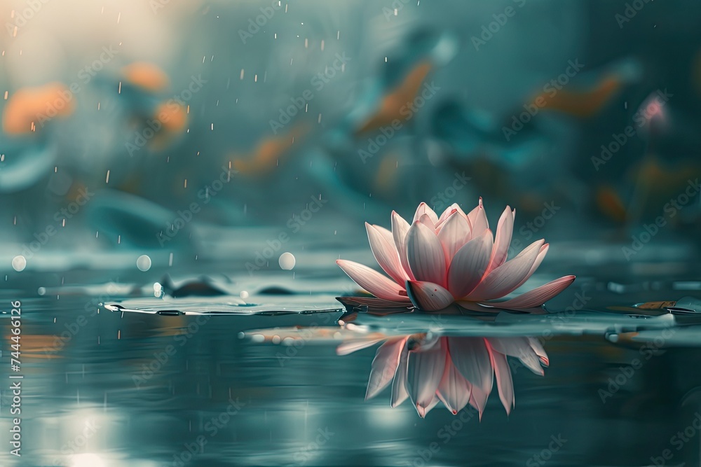 a pink flower floating on top of a body of water - obrazy, fototapety, plakaty 