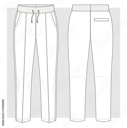 Narrowed terry pants with arrow. Technical sketch. Vector illustration. photo