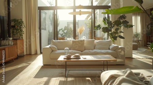 Wallpaper Mural Building with hardwood flooring, large windows, a couch, and coffee table Torontodigital.ca