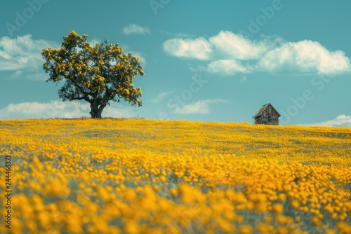 a lone tree in a field of yellow flowers