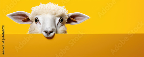 Funny sheep head on yellow light blue wall. photo