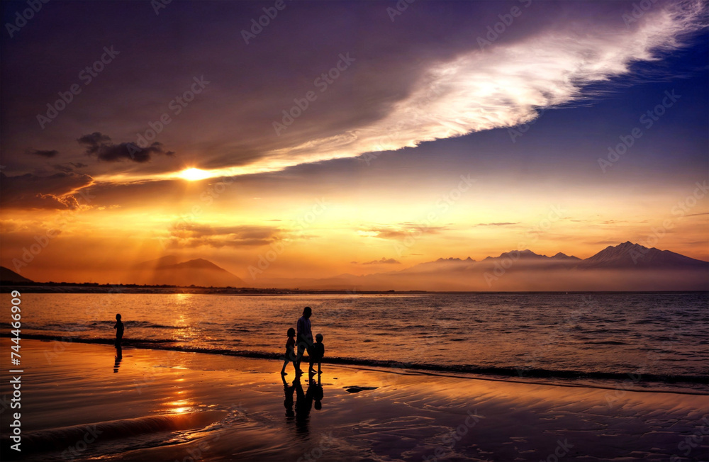 Two joyful kids walk alongside their caring father along the serene shoreline, as the sun, veiled by clouds, bathes the sky in a warm orange hue. A heartwarming scene of togetherness