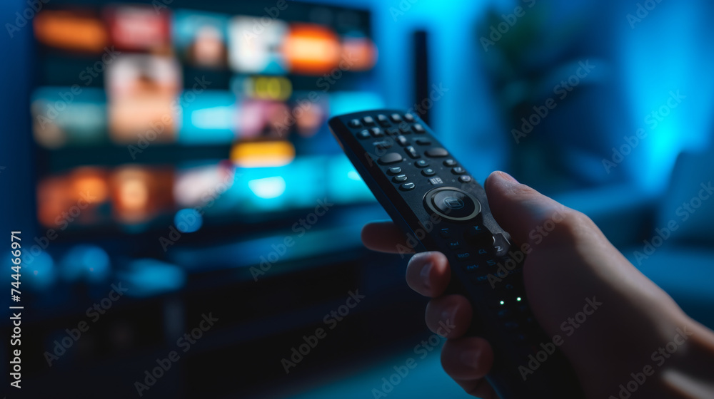 close-up view of a hand holding a television remote control with a blurred television screen in the background, displaying colorful images. - obrazy, fototapety, plakaty 