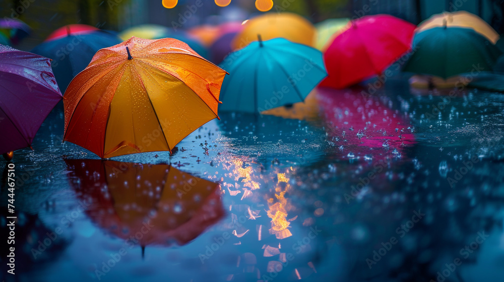 Colorful umbrellas scattered across a city street, catching the vibrant reflections of summer raindrops.