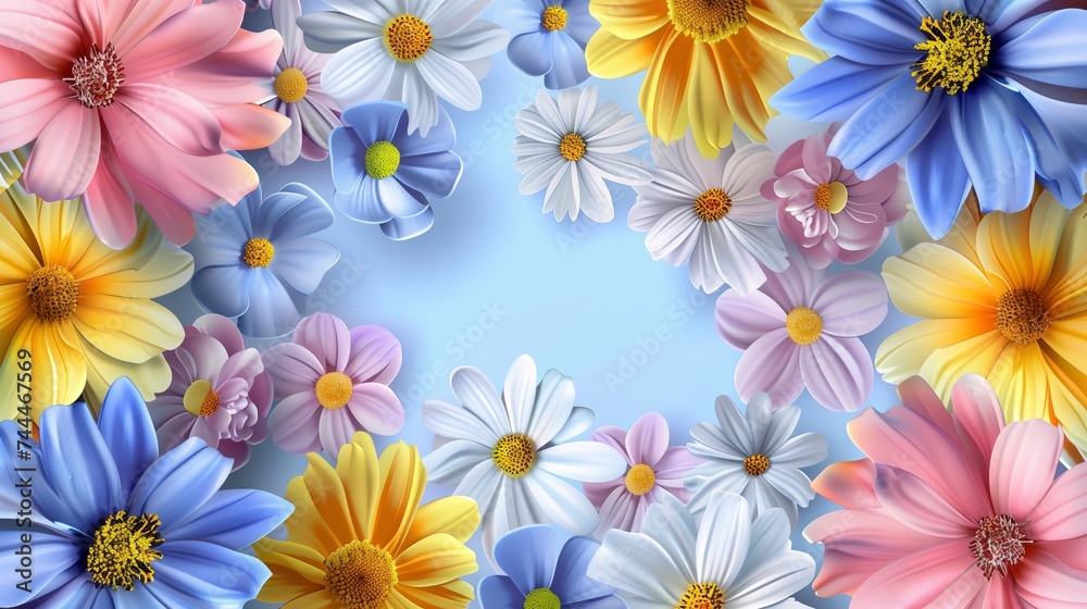 Different flowers on the sides with a free space in the center for text on a pastel-colored background. Realistic. Different flowers on the sides with a free space in the center for text on a pastel-colored background. Realistic.