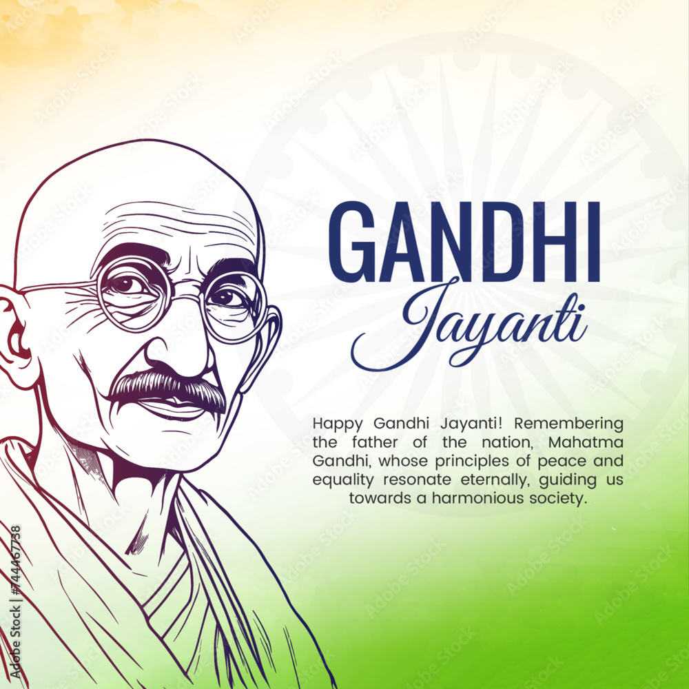 Gandhi Jayanti greeting card with a green background, featuring a sketch of Mahatma Gandhi. Honors the father of the nation with a message of peace, harmony, and equality Gandhi Jayanti greeting card with a green background, featuring a sketch of Mahatma Gandhi. Honors the father of the nation with a message of peace, harmony, and equality