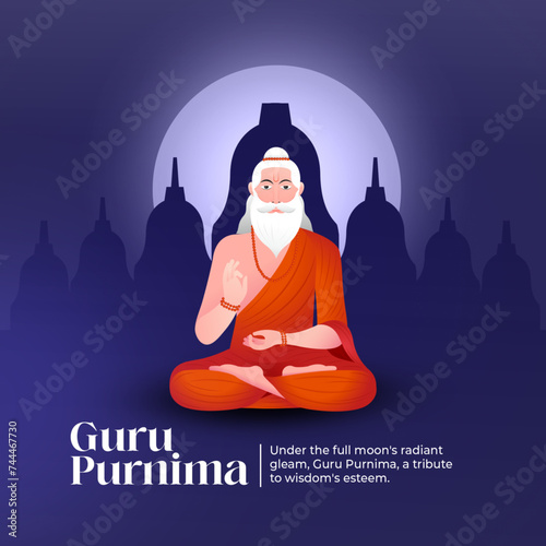 Guru Purnima greeting card with a blue background, featuring a guru in meditation. Celebrates the day of reverence for mentors and teachers with a message of respect and gratitude