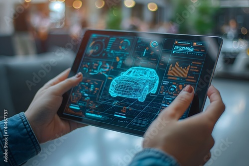 Automotive Engineer Uses Digital Tablet with Augmented Reality for Car Design Analysis and Improvement. 3D Graphics Visualization Shows Fully Developed Vehicle Prototype Analyzed and Optimized