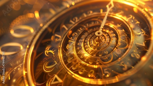 Elegant, beautiful clock scene featuring gold elements, abstract shape, styled like a post-apocalyptic backdrop.