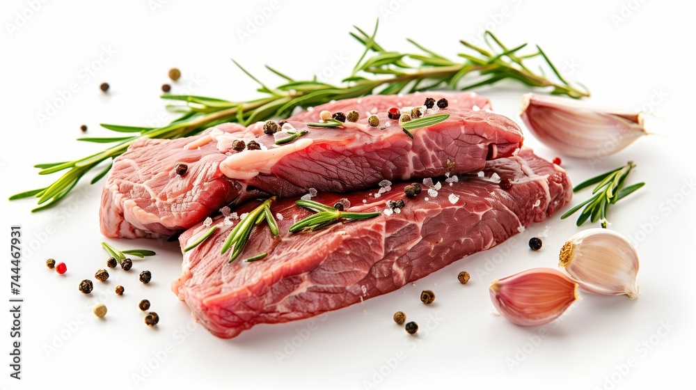 Raw ribeye beef steak with rosemary, garlic, and peppercorns on a white background. Front view. Raw ribeye beef steak with rosemary, garlic, and peppercorns on a white background. Front view.