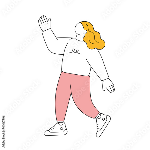 片手をあげるシンプルな女性の全身イラスト
