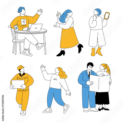 働く男女や配送員やスーツの人々シンプルなイラスト
