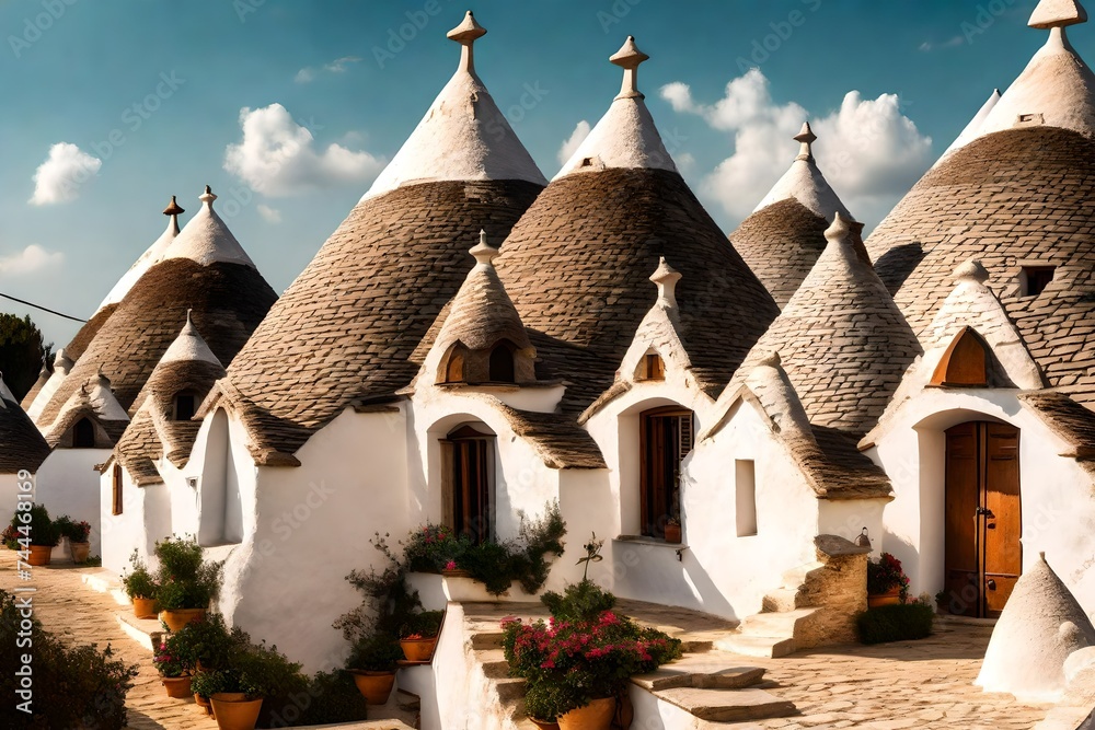 Conical roofs of trulli in Alberobello.. Each trullo is decorated with pinnacle and symbol . Symbols are divided into 4 categories primitive, christian and magical,The street of Trullo. A trullo is a 