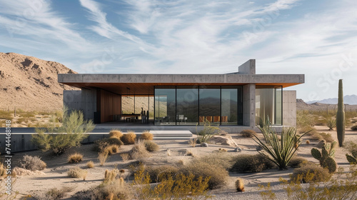 Desert oasis home with a minimalist exterior, showcasing a blend of concrete, glass, and natural stones against the backdrop of arid landscapes